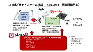 NPO mruby Forum
BLE5.0
Long
Range
IoT新プラットフォーム構成 （2019/4 販売開始予定）
BLEエンドデバイス
通信距離 １～２Km
GPS、加速度センサー
温湿度センサー
LoRAWAN
BLE5.0
LoRa-BLEブリッジ中継器
価格 20,000円程度
通信距離 ３~15km
電力 乾電池で数年稼働
gateway
↓
Internet
mruby、mruby/CによるIoTアプリ自動生成
・データ取得・送信タイミング
・電源管理
・デバイス管理
・BLE設定
・LoRaWAN設定
・IoTアプリ開発
共同開発
・（株）Braveridge
・九州工業i大学
・SCSK九州（株）
・ILC
 