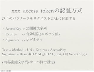 xxx_access_tokenJ^ʽ
¤Υѥ`ꥯURL˸Ӥ
?AccessKey -> _
?Expires



-> Є(ݥå)

?Signature -> ͥ
Text = Method + Uri + Expires + AccessKey
Signature = Base64(HMAC_SHA1(Text, () SecretKey))
()
131016ˮ

(`ЂȤO)

 