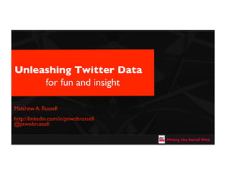 Unleashing Twitter Data
     for fun and insight

Matthew A. Russell
http://linkedin.com/in/ptwobrussell
@ptwobrussell

                                      Agile Data Solutions Social Web
                                             Mining the
 