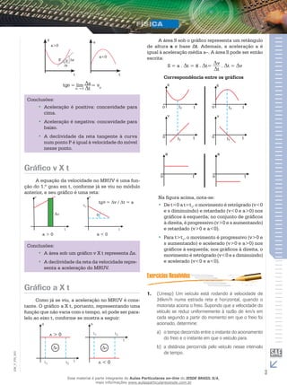 a>0 
F s 
t 
a<0 
s 
t t 
s 
= vt 0 p 
tg = lim 
t s 
Conclusões: 
•• Aceleração é positiva: concavidade para 
cima. 
•• Aceleração é negativa: concavidade para 
baixo. 
•• A declividade da reta tangente à curva 
num ponto P é igual à velocidade do móvel 
nesse ponto. 
Gráfico v X t 
A equação da velocidade no MRUV é uma fun-ção 
do 1.º grau em t, conforme já se viu no módulo 
anterior, e seu gráfico é uma reta: 
tg = v / t = a 
a > 0 a < 0 
Conclusões: 
•• A área sob um gráfico v X t representa Δs. 
•• A declividade da reta da velocidade repre-senta 
a aceleração do MRUV. 
Gráfico a X t 
Como já se viu, a aceleração no MRUV é cons-tante. 
O gráfico a X t, portanto, representando uma 
função que não varia com o tempo, só pode ser para-lelo 
ao eixo t, conforme se mostra a seguir: 
a > 0 
003 
FIS_V_a < 0 
EM_3 A área S sob o gráfico representa um retângulo 
de altura a e base t. Ademais, a aceleração a é 
igual à aceleração média a–. A área S pode ser então 
escrita: 
S = a . t = a– . t= v 
t 
. t = v 
Correspondência entre os gráficos 
Na figura acima, nota-se: 
•• De t=0 a t=t1, o movimento é retrógrado (v<0 
e s diminuindo) e retardado (v<0 e a>0) nos 
gráficos à esquerda; no conjunto de gráficos 
à direita, é progressivo (v>0 e s aumentando) 
e retardado (v>0 e a<0). 
•• Para t>t1, o movimento é progressivo (v>0 e 
s aumentando) e acelerado (v>0 e a>0) nos 
gráficos à esquerda; nos gráficos à direita, o 
movimento é retrógrado (v<0 e s diminuindo) 
e acelerado (v<0 e a<0). 
1. (Unesp) Um veículo está rodando à velocidade de 
36km/h numa estrada reta e horizontal, quando o 
motorista aciona o freio. Supondo que a velocidade do 
veículo se reduz uniformemente à razão de 4m/s em 
cada segundo a partir do momento em que o freio foi 
acionado, determine: 
a) o tempo decorrido entre o instante do acionamento 
do freio e o instante em que o veículo para. 
b) a distância percorrida pelo veículo nesse intervalo 
de tempo. 
Esse material é parte integrante do Aulas Particulares on-line do IESDE BRASIL S/A, 
mais informações www.aulasparticularesiesde.com.br 
 