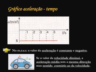 Gráfico aceleração - tempo
No m.r.u.r. o valor da aceleração é constante e negativo.
5
Se o valor da velocidade diminui, a
aceleração média tem a mesma direcção
mas sentido contrário ao da velocidade.
 