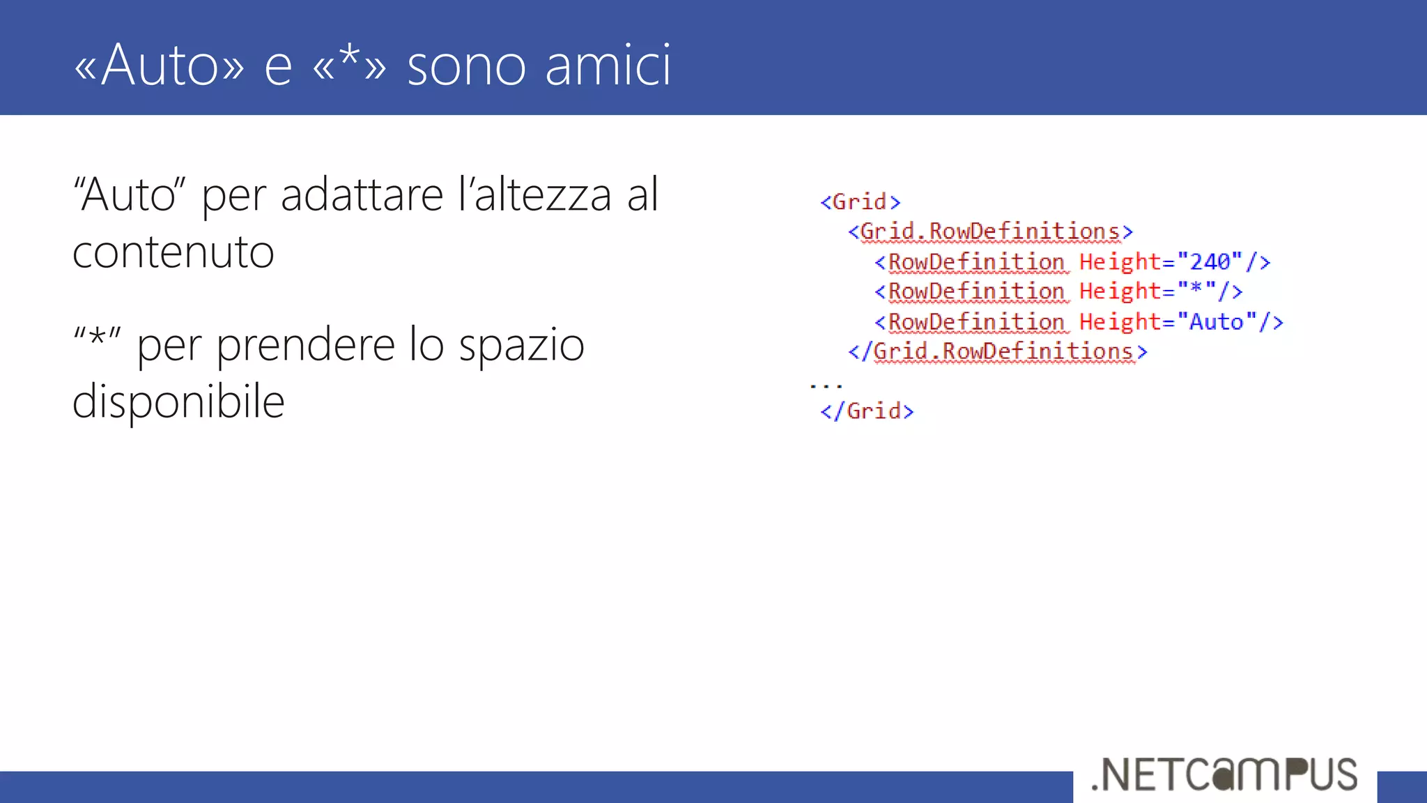 “Auto” per adattare l’altezza al
contenuto
“*” per prendere lo spazio
disponibile
«Auto» e «*» sono amici
 