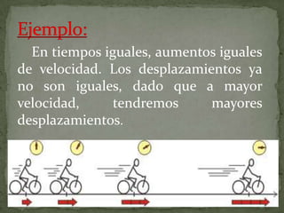 En tiempos iguales, aumentos iguales
de velocidad. Los desplazamientos ya
no son iguales, dado que a mayor
velocidad,
tendremos
mayores
desplazamientos.
