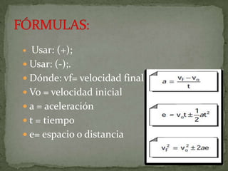 Usar: (+);
Usar: (-);.
Dónde: vf= velocidad final
Vo = velocidad inicial
a = aceleración
t = tiempo
e= espacio o distancia
