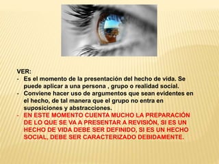 VER:
- Es el momento de la presentación del hecho de vida. Se
puede aplicar a una persona , grupo o realidad social.
- Conviene hacer uso de argumentos que sean evidentes en
el hecho, de tal manera que el grupo no entra en
suposiciones y abstracciones.
- EN ESTE MOMENTO CUENTA MUCHO LA PREPARACIÓN
DE LO QUE SE VA A PRESENTAR A REVISIÓN, SI ES UN
HECHO DE VIDA DEBE SER DEFINIDO, SI ES UN HECHO
SOCIAL, DEBE SER CARACTERIZADO DEBIDAMENTE.
 