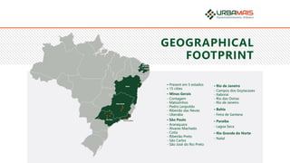• Present em 5 estados
• 15 cities
• Minas Gerais
- Contagem
- Matozinhos
- Pedro Leopoldo
- Ribeirão das Neves
- Uberaba
• São Paulo
- Araraquara
- Álvares Machado
- Cotia
- Ribeirão Preto
- São Carlos
- São José do Rio Preto
• Rio de Janeiro
- Campos dos Goytacazes
- Itaboraí
- Rio das Ostras
- Rio de Janeiro
• Bahia
- Feira de Santana
• Paraíba
- Lagoa Seca
• Rio Grande do Norte
- Natal
GEOGRAPHICAL
FOOTPRINT
 
