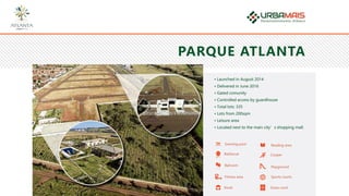 PARQUE ATLANTA
• Launched in August 2014
• Delivered in June 2016
• Gated comunity
• Controlled access by guardhouse
• Total lots: 335
• Lots from 200sqm
• Leisure area
• Located next to the main city’s shopping mall.
Kiosk
Fitness area
Balroom
Barbecue
Swiming pool
Grass court
Sports courts
Playground
Cooper
Reading area
 
