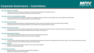Corporate Governance – Committees
60
Risks and Compliance Committee
• Evaluate and to monitor Company‘s risk exposures, monitoring and supervising the risk management process.
• Comprised of Chairman, two Chief Executive Officers and two Chief Officers.
Governance, Ethics and Sustainability Committee
• Ensure and to disseminate the Company‘s commitment to management based on the pillars of corporate governance, sustainability and corporate ethics
• Comprised of Chairman, two Chief Executive Officers and two Chief Officers.
Human Resources Committee
• Evaluate and to propose improvements to people development, training, remuneration, benefits, incentives and talents retention methods
• Comprised of Chairman, two Chief Executive Officers, one Chief Officer and one Board of Directors member.
Commercial and Credit Committee
• Define the commercial and real estate financing strategy of the Company, composed, among others, sales mix, pricing, team profile, market agents mix, etc.
• Comprised of Chairman, two Chief Executive Officers, three Chief Officers and one Director.
Real Estate Development Committee
• Define strategies of geographical expansion of the Company’s activities and land acquisitions.
• Comprised of Chairman, two Chief Executive Officers and one Chief Officer.
Production Committee
• Ensure the correct production planning and control, evaluating the several elements that need to be managed and their respective impacts, so the Company’s goals can be reached.
• Comprised of Chairman, two Chief Executive Officers and one Chief Officer.
Juridical Committee
• Establish the Company’s legal strategy in relation to main causes and mass litigation
• Establish the fiscal planning strategy;
Communication Committee
• Establish the Company’s communication strategy with the stakeholders;
• Interact with communication outlets in general;
 