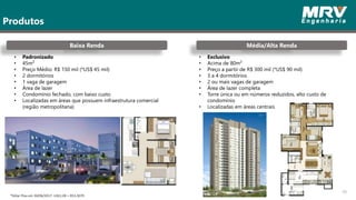 10
Produtos
Baixa Renda Média/Alta Renda
• Padronizado
• 45m²
• Preço Médio: R$ 150 mil (*US$ 45 mil)
• 2 dormitórios
• 1 vaga de garagem
• Área de lazer
• Condomínio fechado, com baixo custo
• Localizadas em áreas que possuem infraestrutura comercial
(região metropolitana)
• Exclusivo
• Acima de 80m²
• Preço a partir de R$ 300 mil (*US$ 90 mil)
• 3 a 4 dormitórios
• 2 ou mais vagas de garagem
• Área de lazer completa
• Torre única ou em números reduzidos, alto custo de
condomínio
• Localizadas em áreas centrais
*Dólar Ptax em 30/06/2017: US$1,00 = R$3,3079
 