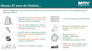 Nesses 37 anos de história...
• Lançamos mais de 334 mil unidades. A MRV
foi ainda a empresa que mais construiu em
2016, de acordo com o Ranking ITC.
• 120 mil chaves entregues nos últimos 3
anos, com a importante marca de 1 chave
entregue a cada 3 minutos.
• Uma das 60 marcas mais valiosas do Brasil,
segundo a Isto É Dinheiro.
• Presente em 148 cidades e 22 estados.
• 1 em cada 200 brasileiros é cliente da MRV.
• Mais de 22 mil empregados, que juntos
produzem 1 apartamento a cada 3
minutos.
• Empresa certificada:
• ISO 14001, OHSAS 18001
• GHG Protocol,
• Selo MRV+Verde e Obra Verde MRV
A MRV é a maior empresa de construção residencial no Brasil e uma das maiores do mundo, e nesses 37 anos atingimos
importantes marcas
• A MRV cresce mas sem esquecer do seu
compromisso com as pessoas e meio
ambiente.
3
• Em 2017, a MRV foi a grande premiada pelo
Ranking Marcas Mais do Estadão entre as
construtoras.
 