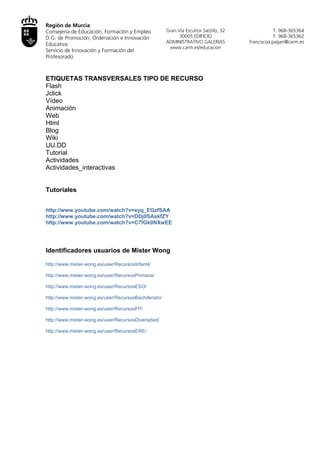Región de Murcia
Consejería de Educación, Formación y Empleo             Gran Vía Escultor Salzillo, 32                T. 968-365364
D.G. de Promoción, Ordenación e Innovación                    30005 EDIFICIO                          F. 968-365362
                                                       ADMINISTRATIVO GALERIAS           franciscoa.pagan@carm.es
Educativa
                                                         www.carm.es/educacion
Servicio de Innovación y Formación del
Profesorado



ETIQUETAS TRANSVERSALES TIPO DE RECURSO
Flash
Jclick
Vídeo
Animación
Web
Html
Blog
Wiki
UU.DD
Tutorial
Actividades
Actividades_interactivas


Tutoriales


http://www.youtube.com/watch?v=eyq_EGzfSAA
http://www.youtube.com/watch?v=DDj0SAskfZY
http://www.youtube.com/watch?v=C7fGk0NXwEE




Identificadores usuarios de Mister Wong

http://www.mister-wong.es/user/RecursosInfantil/

http://www.mister-wong.es/user/RecursosPrimaria/

http://www.mister-wong.es/user/RecursosESO/

http://www.mister-wong.es/user/RecursosBachillerato/

http://www.mister-wong.es/user/RecursosFP/

http://www.mister-wong.es/user/RecursosDiversidad/

http://www.mister-wong.es/user/RecursosERE/
 