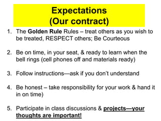 Expectations
(Our contract)
1. The Golden Rule Rules – treat others as you wish to
be treated, RESPECT others; Be Courteous
2. Be on time, in your seat, & ready to learn when the
bell rings (cell phones off and materials ready)
3. Follow instructions—ask if you don’t understand
4. Be honest – take responsibility for your work & hand it
in on time)
5. Participate in class discussions & projects—your
thoughts are important!
 