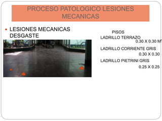 PROCESO PATOLOGICO LESIONES
MECANICAS
 LESIONES MECANICAS
DESGASTE
PISOS
LADRILLO TERRAZO
0.30 X 0.30 MT
LADRILLO CORRIENTE GRIS
0.30 X 0.30
LADRILLO PIETRINI GRIS
0.25 X 0.25
 