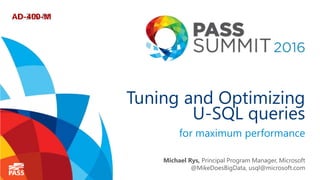 Tuning and Optimizing
U-SQL queries
for maximum performance
Michael Rys, Principal Program Manager, Microsoft
@MikeDoesBigData, usql@microsoft.com
AD-315-MAD-400-M
 