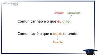 Comunicar não é o que eu digo.
Comunicar é o que o outro entende.
Emissor Mensagem
Receptor
 