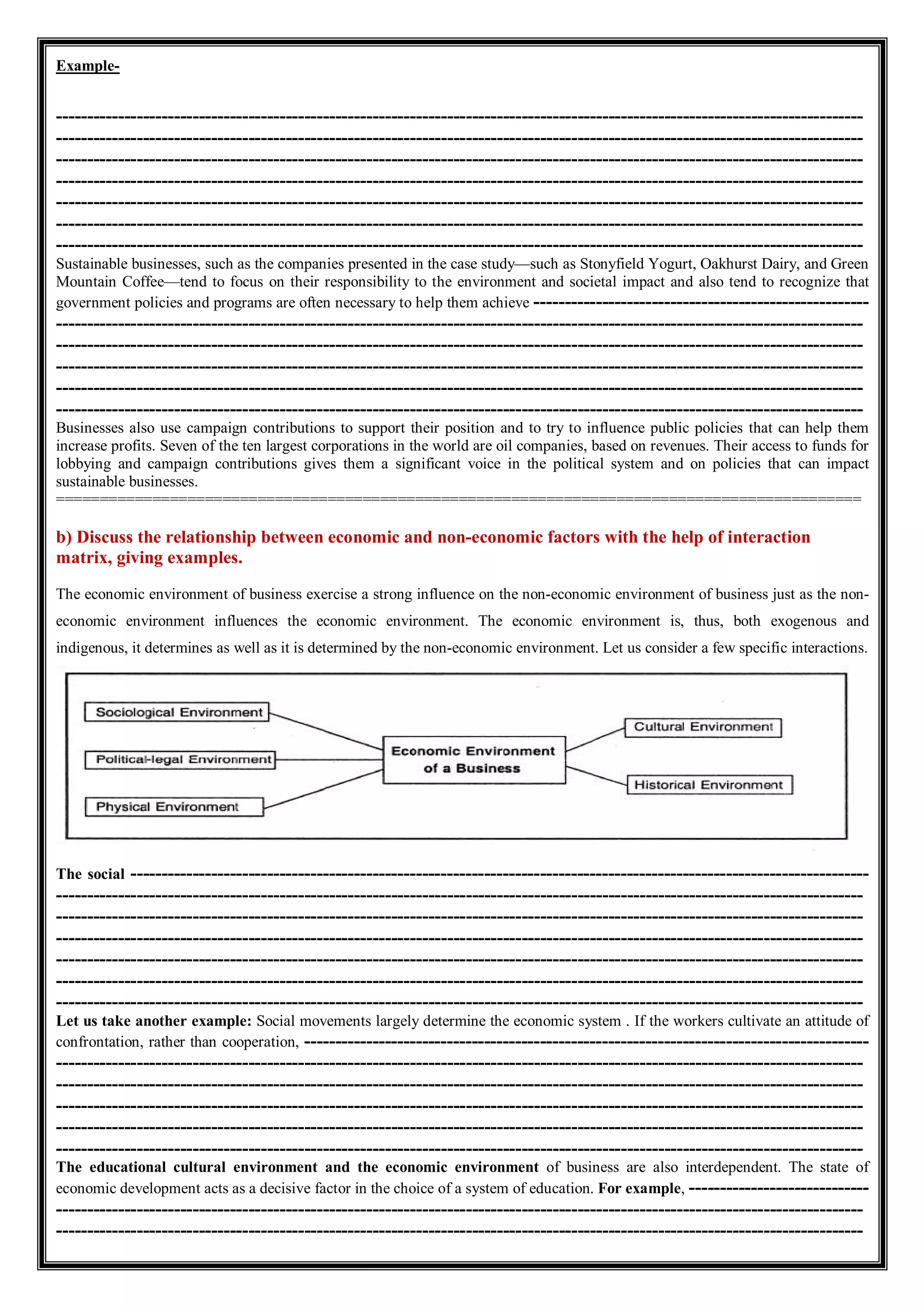 Example-
----------------------------------------------------------------------------------------------------------------------------------
----------------------------------------------------------------------------------------------------------------------------------
----------------------------------------------------------------------------------------------------------------------------------
----------------------------------------------------------------------------------------------------------------------------------
----------------------------------------------------------------------------------------------------------------------------------
----------------------------------------------------------------------------------------------------------------------------------
----------------------------------------------------------------------------------------------------------------------------------
Sustainable businesses, such as the companies presented in the case study—such as Stonyfield Yogurt, Oakhurst Dairy, and Green
Mountain Coffee—tend to focus on their responsibility to the environment and societal impact and also tend to recognize that
government policies and programs are often necessary to help them achieve ------------------------------------------------------
----------------------------------------------------------------------------------------------------------------------------------
----------------------------------------------------------------------------------------------------------------------------------
----------------------------------------------------------------------------------------------------------------------------------
----------------------------------------------------------------------------------------------------------------------------------
----------------------------------------------------------------------------------------------------------------------------------
Businesses also use campaign contributions to support their position and to try to influence public policies that can help them
increase profits. Seven of the ten largest corporations in the world are oil companies, based on revenues. Their access to funds for
lobbying and campaign contributions gives them a significant voice in the political system and on policies that can impact
sustainable businesses.
============================================================================================
b) Discuss the relationship between economic and non-economic factors with the help of interaction
matrix, giving examples.
The economic environment of business exercise a strong influence on the non-economic environment of business just as the non-
economic environment influences the economic environment. The economic environment is, thus, both exogenous and
indigenous, it determines as well as it is determined by the non-economic environment. Let us consider a few specific interactions.
The social -----------------------------------------------------------------------------------------------------------------------
----------------------------------------------------------------------------------------------------------------------------------
----------------------------------------------------------------------------------------------------------------------------------
----------------------------------------------------------------------------------------------------------------------------------
----------------------------------------------------------------------------------------------------------------------------------
----------------------------------------------------------------------------------------------------------------------------------
----------------------------------------------------------------------------------------------------------------------------------
Let us take another example: Social movements largely determine the economic system . If the workers cultivate an attitude of
confrontation, rather than cooperation, -------------------------------------------------------------------------------------------
----------------------------------------------------------------------------------------------------------------------------------
----------------------------------------------------------------------------------------------------------------------------------
----------------------------------------------------------------------------------------------------------------------------------
----------------------------------------------------------------------------------------------------------------------------------
----------------------------------------------------------------------------------------------------------------------------------
The educational cultural environment and the economic environment of business are also interdependent. The state of
economic development acts as a decisive factor in the choice of a system of education. For example, -----------------------------
----------------------------------------------------------------------------------------------------------------------------------
----------------------------------------------------------------------------------------------------------------------------------
 