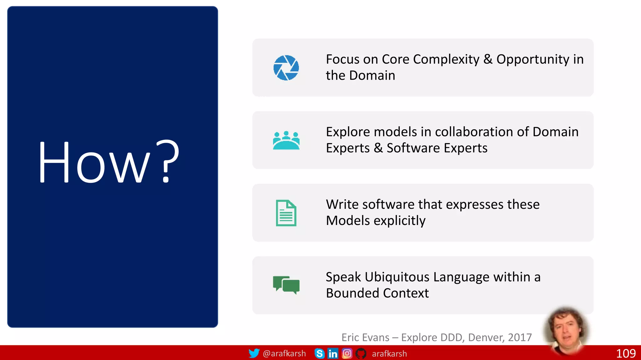 @arafkarsh arafkarsh How? Focus on Core Complexity & Opportunity in the Domain Explore models in collaboration of Domain Experts & Software Experts Write software that expresses these Models explicitly Speak Ubiquitous Language within a Bounded Context Eric Evans – Explore DDD, Denver, 2017 109 