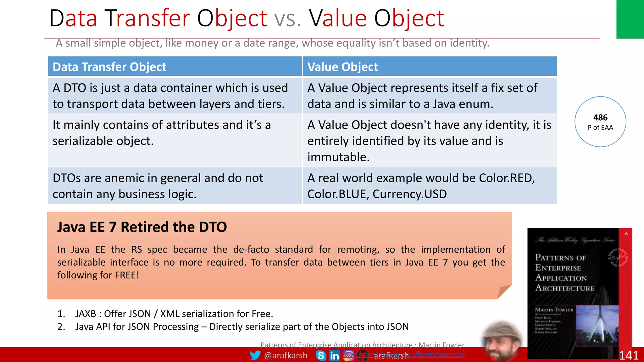 @arafkarsh arafkarsh Data Transfer Object vs. Value Object Data Transfer Object Value Object A DTO is just a data container which is used to transport data between layers and tiers. A Value Object represents itself a fix set of data and is similar to a Java enum. It mainly contains of attributes and it’s a serializable object. A Value Object doesn't have any identity, it is entirely identified by its value and is immutable. DTOs are anemic in general and do not contain any business logic. A real world example would be Color.RED, Color.BLUE, Currency.USD Patterns of Enterprise Application Architecture : Martin Fowler http://martinfowler.com/books/eaa.html A small simple object, like money or a date range, whose equality isn’t based on identity. 486 P of EAA Java EE 7 Retired the DTO In Java EE the RS spec became the de-facto standard for remoting, so the implementation of serializable interface is no more required. To transfer data between tiers in Java EE 7 you get the following for FREE! 1. JAXB : Offer JSON / XML serialization for Free. 2. Java API for JSON Processing – Directly serialize part of the Objects into JSON 141 