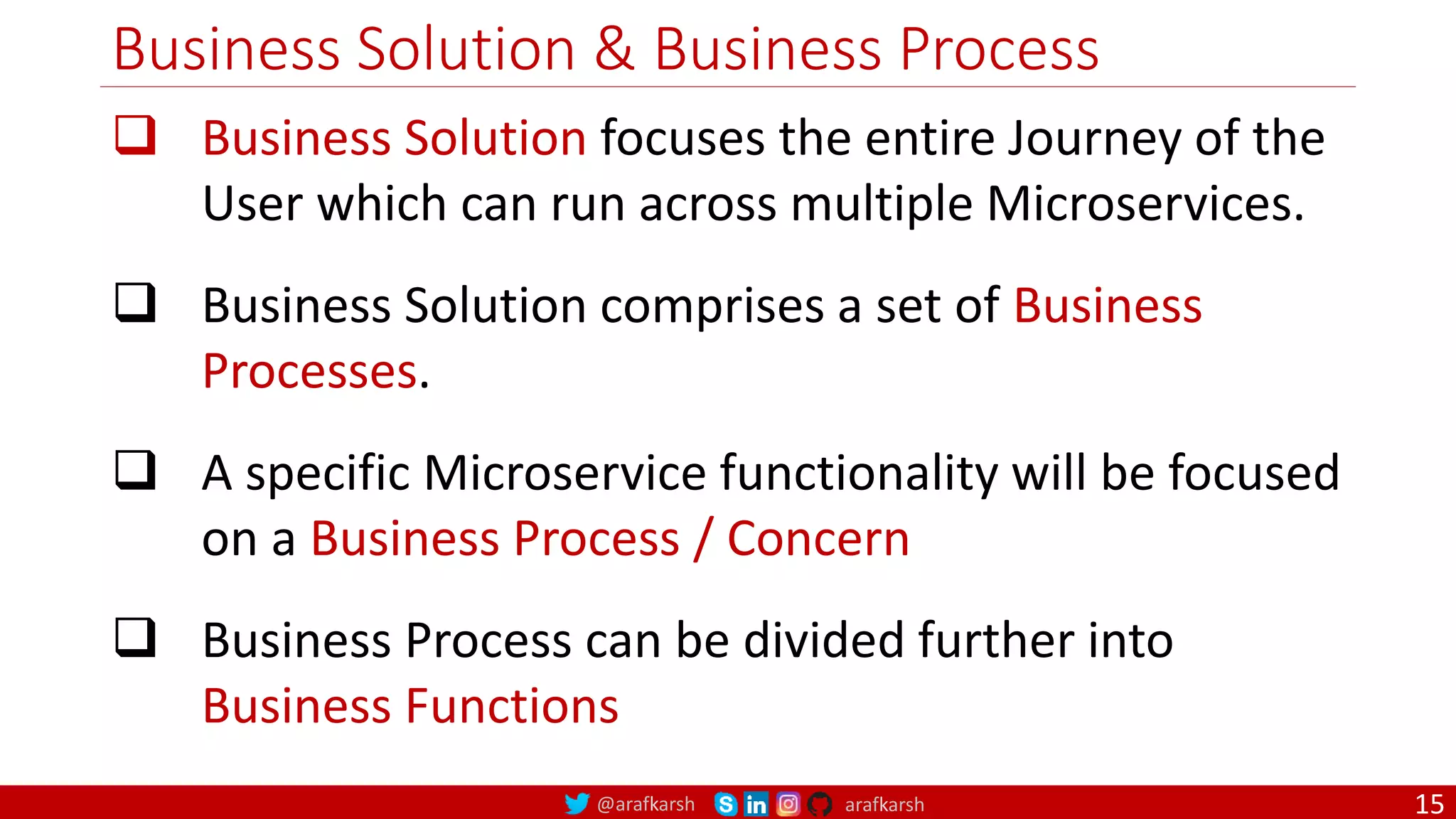 @arafkarsh arafkarsh Business Solution & Business Process  Business Solution focuses the entire Journey of the User which can run across multiple Microservices.  Business Solution comprises a set of Business Processes.  A specific Microservice functionality will be focused on a Business Process / Concern  Business Process can be divided further into Business Functions 15 