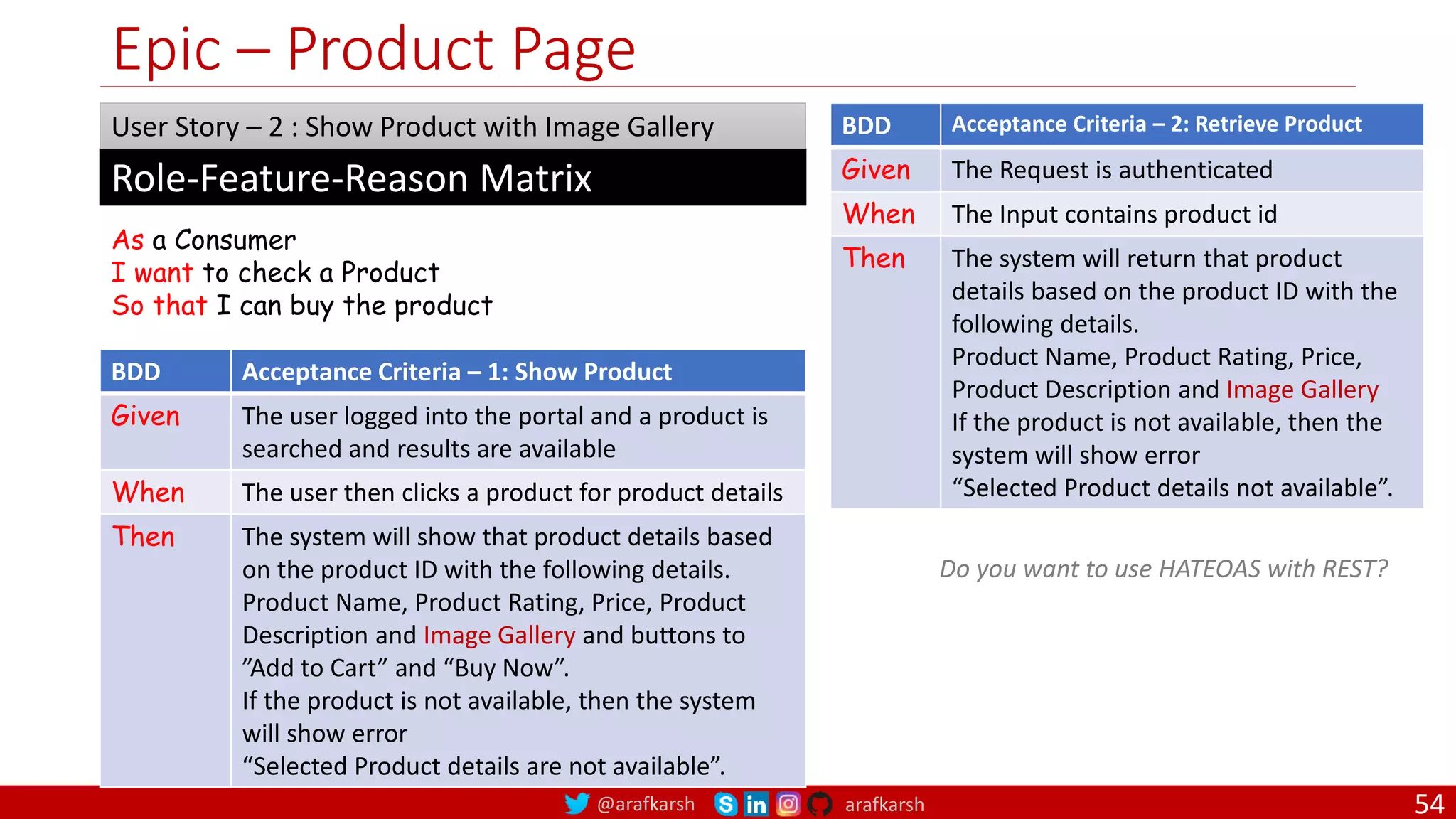 @arafkarsh arafkarsh Epic – Product Page As a Consumer I want to check a Product So that I can buy the product Role-Feature-Reason Matrix User Story – 2 : Show Product with Image Gallery BDD Acceptance Criteria – 1: Show Product Given The user logged into the portal and a product is searched and results are available When The user then clicks a product for product details Then The system will show that product details based on the product ID with the following details. Product Name, Product Rating, Price, Product Description and Image Gallery and buttons to ”Add to Cart” and “Buy Now”. If the product is not available, then the system will show error “Selected Product details are not available”. BDD Acceptance Criteria – 2: Retrieve Product Given The Request is authenticated When The Input contains product id Then The system will return that product details based on the product ID with the following details. Product Name, Product Rating, Price, Product Description and Image Gallery If the product is not available, then the system will show error “Selected Product details not available”. Do you want to use HATEOAS with REST? 54 