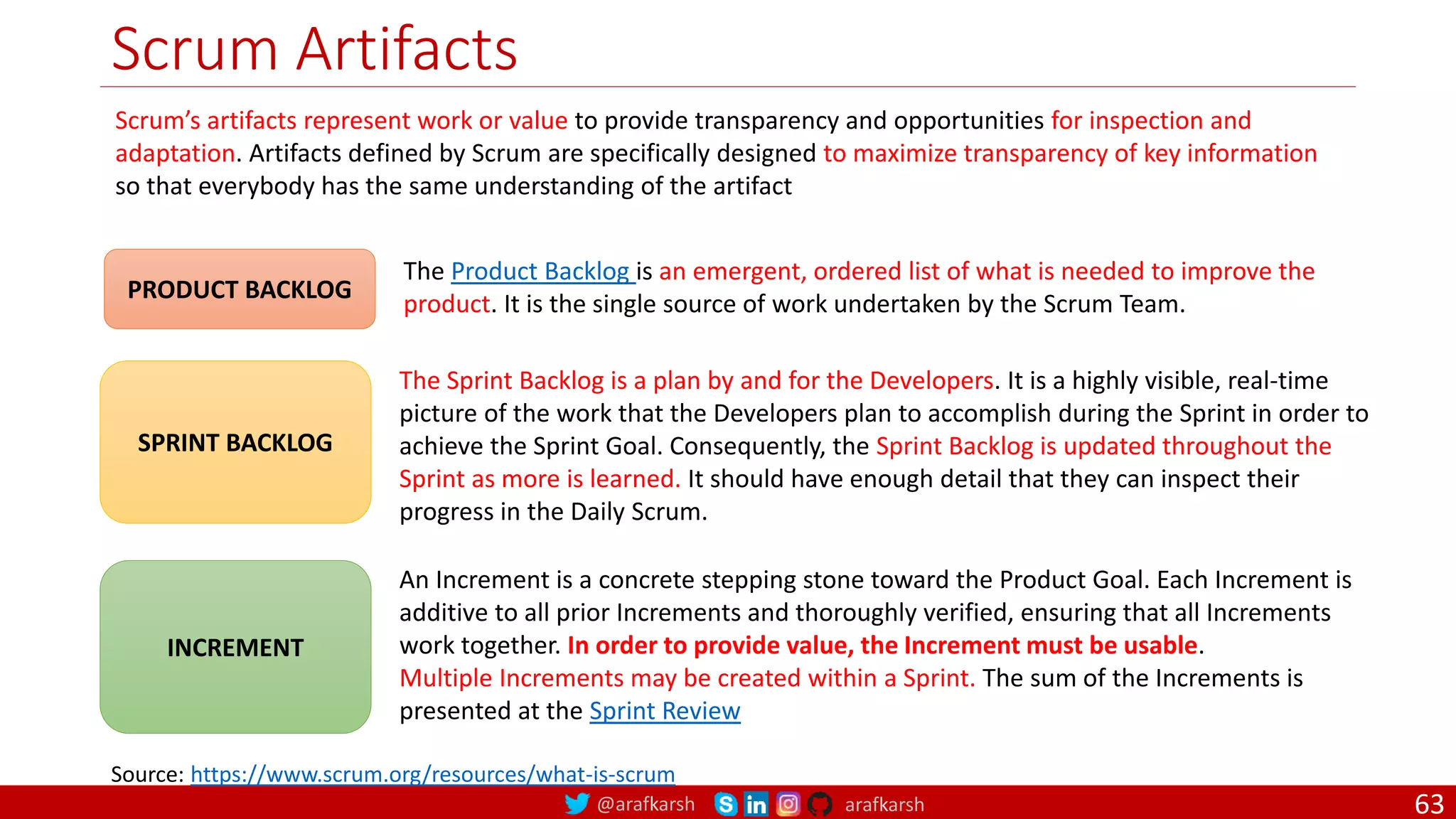 @arafkarsh arafkarsh Scrum Artifacts PRODUCT BACKLOG The Product Backlog is an emergent, ordered list of what is needed to improve the product. It is the single source of work undertaken by the Scrum Team. SPRINT BACKLOG The Sprint Backlog is a plan by and for the Developers. It is a highly visible, real-time picture of the work that the Developers plan to accomplish during the Sprint in order to achieve the Sprint Goal. Consequently, the Sprint Backlog is updated throughout the Sprint as more is learned. It should have enough detail that they can inspect their progress in the Daily Scrum. INCREMENT An Increment is a concrete stepping stone toward the Product Goal. Each Increment is additive to all prior Increments and thoroughly verified, ensuring that all Increments work together. In order to provide value, the Increment must be usable. Multiple Increments may be created within a Sprint. The sum of the Increments is presented at the Sprint Review Source: https://www.scrum.org/resources/what-is-scrum Scrum’s artifacts represent work or value to provide transparency and opportunities for inspection and adaptation. Artifacts defined by Scrum are specifically designed to maximize transparency of key information so that everybody has the same understanding of the artifact 63 