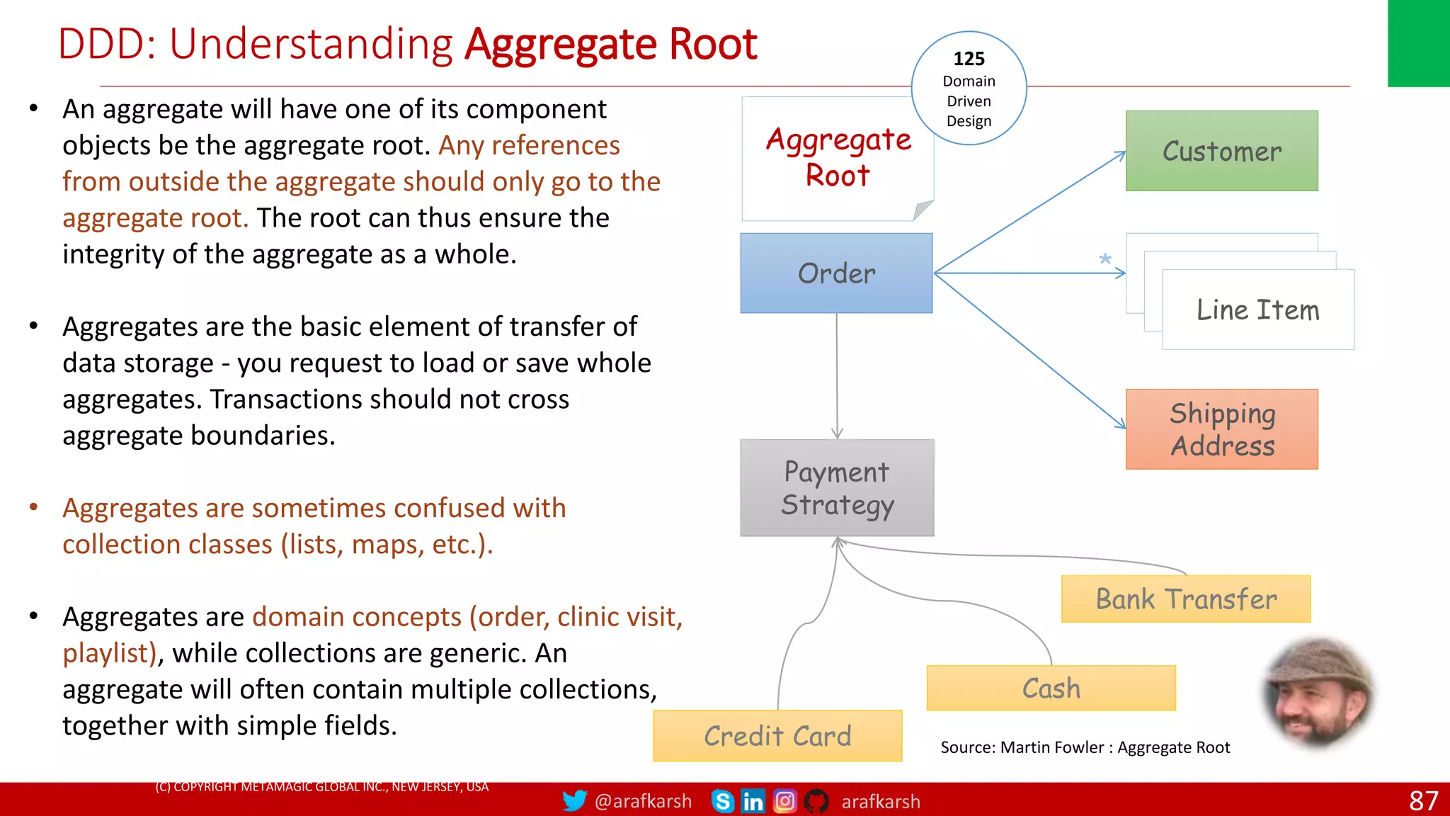 @arafkarsh arafkarsh DDD: Understanding Aggregate Root 87 Order Customer Shipping Address Aggregate Root Line Item Line Item Line Item * Payment Strategy Credit Card Cash Bank Transfer Source: Martin Fowler : Aggregate Root • An aggregate will have one of its component objects be the aggregate root. Any references from outside the aggregate should only go to the aggregate root. The root can thus ensure the integrity of the aggregate as a whole. • Aggregates are the basic element of transfer of data storage - you request to load or save whole aggregates. Transactions should not cross aggregate boundaries. • Aggregates are sometimes confused with collection classes (lists, maps, etc.). • Aggregates are domain concepts (order, clinic visit, playlist), while collections are generic. An aggregate will often contain multiple collections, together with simple fields. 125 Domain Driven Design (C) COPYRIGHT METAMAGIC GLOBAL INC., NEW JERSEY, USA 