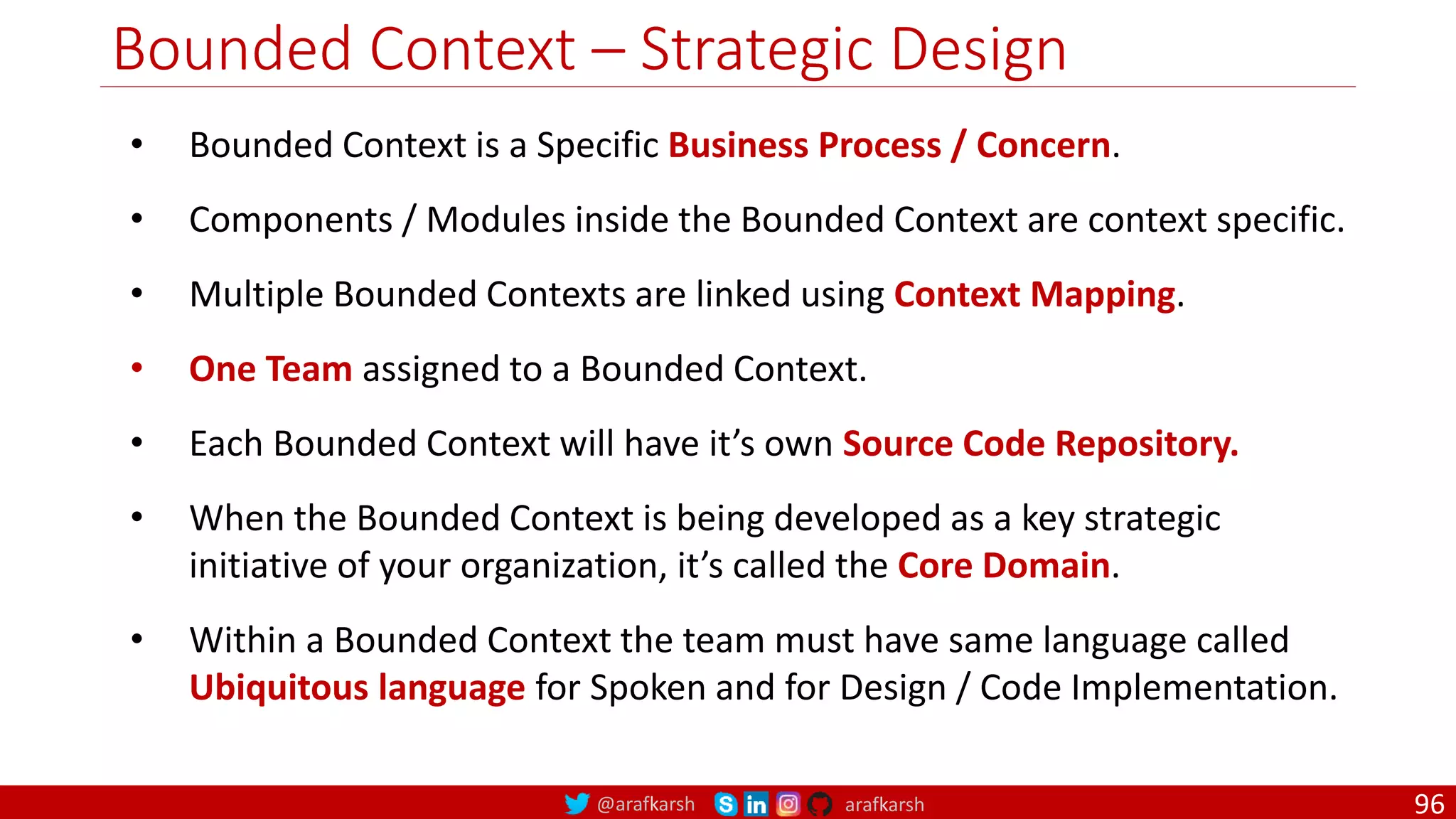 @arafkarsh arafkarsh Bounded Context – Strategic Design • Bounded Context is a Specific Business Process / Concern. • Components / Modules inside the Bounded Context are context specific. • Multiple Bounded Contexts are linked using Context Mapping. • One Team assigned to a Bounded Context. • Each Bounded Context will have it’s own Source Code Repository. • When the Bounded Context is being developed as a key strategic initiative of your organization, it’s called the Core Domain. • Within a Bounded Context the team must have same language called Ubiquitous language for Spoken and for Design / Code Implementation. 96 