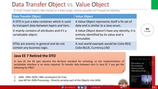 @arafkarsh arafkarsh
Data Transfer Object vs. Value Object
Data Transfer Object Value Object
A DTO is just a data container which is used
to transport data between layers and tiers.
A Value Object represents itself a fix set of
data and is similar to a Java enum.
It mainly contains of attributes and it’s a
serializable object.
A Value Object doesn't have any identity, it is
entirely identified by its value and is
immutable.
DTOs are anemic in general and do not
contain any business logic.
A real world example would be Color.RED,
Color.BLUE, Currency.USD
Patterns of Enterprise Application Architecture : Martin Fowler
http://martinfowler.com/books/eaa.html
A small simple object, like money or a date range, whose equality isn’t based on identity.
486
P of EAA
Java EE 7 Retired the DTO
In Java EE the RS spec became the de-facto standard for remoting, so the implementation of
serializable interface is no more required. To transfer data between tiers in Java EE 7 you get the
following for FREE!
1. JAXB : Offer JSON / XML serialization for Free.
2. Java API for JSON Processing – Directly serialize part of the Objects into JSON
141
 