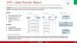 @arafkarsh arafkarsh
DTO – Data Transfer Object
• Security Considerations
• Data obtained from untrusted sources, such as user input from a Web page, should be cleansed and validated before
being placed into a DTO. Doing so enables you to consider the data in the DTO relatively safe, which simplifies future
interactions with the DTO.
The Problem Assembler Pattern
An object that carries data between processes in order to reduce the number of method calls.
Benefits
1. Reduced Number of Calls
2. Improved Performance
3. Hidden Internals
4. Discovery of Business
objects
Liabilities
1. Class Explosion
2. Additional Computation
3. Additional Coding Effort
https://msdn.microsoft.com/en-us/library/ms978717.aspx
Problem: How do you preserve the simple semantics of a procedure call interface without being
subject to the latency issues inherent in remote communication?
The Solution
401
P of EAA
142
 