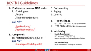 @arafkarsh arafkarsh
RESTful Guidelines
158
1. Endpoints as nouns, NOT verbs
Ex. /catalogues
/orders
/catalogues/products
and NOT
/getProducts/
/updateProducts/
2. Use plurals
Ex. /catalogues/{catalogueId}
and NOT
/catalogue/{catalogueId}
3. Documenting
4. Paging
5. Use SSL
6. HTTP Methods
GET / POST / PUT / DELETE / OPTIONS / HEAD
7. HTTP Status Codes (Effective usage)
8. Versioning
Media Type Version
GET /account/5555 HTTP/1.1
Accept: application/vnd.catalogues.v1+json
URL path version
https://domain/v1/catalogues/products
 