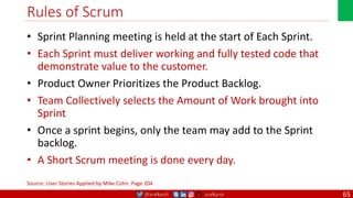 @arafkarsh arafkarsh
Rules of Scrum
• Sprint Planning meeting is held at the start of Each Sprint.
• Each Sprint must deliver working and fully tested code that
demonstrate value to the customer.
• Product Owner Prioritizes the Product Backlog.
• Team Collectively selects the Amount of Work brought into
Sprint
• Once a sprint begins, only the team may add to the Sprint
backlog.
• A Short Scrum meeting is done every day.
Source: User Stories Applied by Mike Cohn. Page 204
65
 