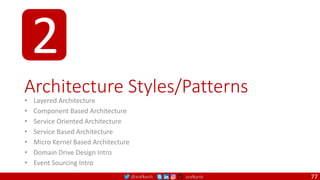 @arafkarsh arafkarsh
Architecture Styles/Patterns
• Layered Architecture
• Component Based Architecture
• Service Oriented Architecture
• Service Based Architecture
• Micro Kernel Based Architecture
• Domain Drive Design Intro
• Event Sourcing Intro
2
77
 