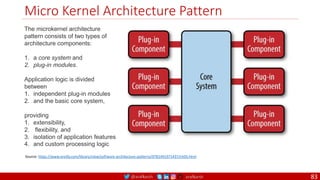 @arafkarsh arafkarsh
Micro Kernel Architecture Pattern
The microkernel architecture
pattern consists of two types of
architecture components:
1. a core system and
2. plug-in modules.
Application logic is divided
between
1. independent plug-in modules
2. and the basic core system,
providing
1. extensibility,
2. flexibility, and
3. isolation of application features
4. and custom processing logic
Source: https://www.oreilly.com/library/view/software-architecture-patterns/9781491971437/ch03.html
83
 