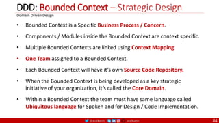 @arafkarsh arafkarsh
DDD: Bounded Context – Strategic Design
84
• Bounded Context is a Specific Business Process / Concern.
• Components / Modules inside the Bounded Context are context specific.
• Multiple Bounded Contexts are linked using Context Mapping.
• One Team assigned to a Bounded Context.
• Each Bounded Context will have it’s own Source Code Repository.
• When the Bounded Context is being developed as a key strategic
initiative of your organization, it’s called the Core Domain.
• Within a Bounded Context the team must have same language called
Ubiquitous language for Spoken and for Design / Code Implementation.
Domain Driven Design
 
