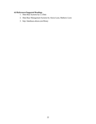 6.8 References/Suggested Readings
1. Data Base Systems by C.J.Date
2. Data Base Management Systems by Alexis Leon, Mathews Leon
3. http://databases.about.com/library
22
 