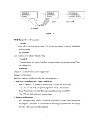 Figure 7.1
ACID Properties of Transaction
• Atomic
Process all of a transaction or none of it; transaction cannot be further subdivided
(like an atom)
• Consistent
Data on all systems reflects the same state
• Isolated
Transactions do not interact/interfere with one another; transactions act as if they
are independent
• Durable
Effects of a completed transaction are persistent
Concurrent Execution
You know there are good reasons for allowing concurrency:-
1. Improved throughput and resource utilization.
(THROUGHPUT = Number of Transactions executed per unit of time.)
The CPU and the Disk can operate in parallel. When a Transaction
Read/Write the Disk another Transaction can be running in the CPU.
The CPU and Disk utilization also increases.
2. Reduced waiting time.
In a serial processing a short Transaction may have to wait for a long transaction
to complete. Concurrent execution reduces the average response time; the average
time for a Transaction to be completed.
3
 