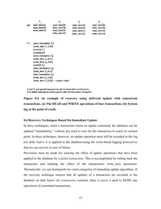 Figure 8.4 An example of recovery using deferred update with concurrent
transactions. (a) The READ and WRITE operations of four transactions. (b) System
log at the point of crash.
8.4 Recovery Techniques Based On Immediate Update
In these techniques, when a transaction issues an update command, the database can be
updated "immediately," without any need to wait for the transaction to reach its commit
point. In these techniques, however, an update operation must still be recorded in the log
(on disk) before it is applied to the database-using the write-ahead logging protocol-so
that we can recover in case of failure.
Provisions must be made for undoing the effect of update operations that have been
applied to the database by a failed transaction. This is accomplished by rolling back the
transaction and undoing the effect of the transaction's write_item operations.
Theoretically, we can distinguish two main categories of immediate update algorithms. If
the recovery technique ensures that all updates of a transaction are recorded in the
database on disk before the transaction commits, there is never a need to REDO any
operations of committed transactions.
15
 