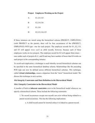 Project Employees Working on the Project
A E1, E3, E5
B E2, E4, E6
C E1, E4
D E2, E3, E4, E5
If these instances are stored using the hierarchical schema (PROJECT, EMPLOYEE)
(with PROJECT as the parent), there will be four occurrences of the (PROJECT,
EMPLOYEE) PCR type—one for each project. The employee records for E1, E2, E3,
and E5 will appear twice each as child records, however, because each of these
employees works on two projects. The employee record for E4 will appear three times—
once under each of projects B, C, and D and may have number of hours that E4 works on
each project in the corresponding instance.
To avoid such duplication, a technique is used whereby several hierarchical schemas can
be specified in the same hierarchical database schema. Relationships like the preceding
PCR type can now be defined across different hierarchical schemas. This technique,
called virtual relationships, causes a departure from the "strict" hierarchical model. We
discuss this technique in next section.
10.6 Integrity Constraints and Data Definition in the Hierarchical Model
10.6.1 Integrity Constraints in the Hierarchical Model
A number of built-in inherent constraints exist in the hierarchical model whenever we
specify a hierarchical schema. These include the following constraints:
1. No record occurrences except root records can exist without being related to a
parent record occurrence. This has the following implications:
a. A child record cannot be inserted unless it is linked to a parent record.
21
 