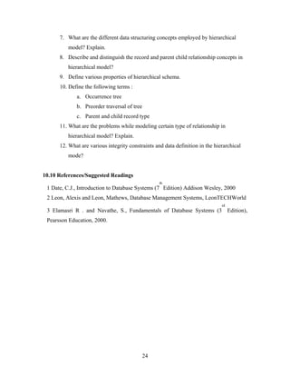 7. What are the different data structuring concepts employed by hierarchical
model? Explain.
8. Describe and distinguish the record and parent child relationship concepts in
hierarchical model?
9. Define various properties of hierarchical schema.
10. Define the following terms :
a. Occurrence tree
b. Preorder traversal of tree
c. Parent and child record type
11. What are the problems while modeling certain type of relationship in
hierarchical model? Explain.
12. What are various integrity constraints and data definition in the hierarchical
mode?
10.10 References/Suggested Readings
1 Date, C.J., Introduction to Database Systems (7
th
Edition) Addison Wesley, 2000
2 Leon, Alexis and Leon, Mathews, Database Management Systems, LeonTECHWorld
3 Elamasri R . and Navathe, S., Fundamentals of Database Systems (3
rd
Edition),
Pearsson Education, 2000.
24
 