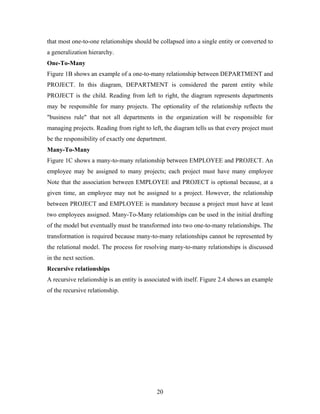 that most one-to-one relationships should be collapsed into a single entity or converted to
a generalization hierarchy.
One-To-Many
Figure 1B shows an example of a one-to-many relationship between DEPARTMENT and
PROJECT. In this diagram, DEPARTMENT is considered the parent entity while
PROJECT is the child. Reading from left to right, the diagram represents departments
may be responsible for many projects. The optionality of the relationship reflects the
"business rule" that not all departments in the organization will be responsible for
managing projects. Reading from right to left, the diagram tells us that every project must
be the responsibility of exactly one department.
Many-To-Many
Figure 1C shows a many-to-many relationship between EMPLOYEE and PROJECT. An
employee may be assigned to many projects; each project must have many employee
Note that the association between EMPLOYEE and PROJECT is optional because, at a
given time, an employee may not be assigned to a project. However, the relationship
between PROJECT and EMPLOYEE is mandatory because a project must have at least
two employees assigned. Many-To-Many relationships can be used in the initial drafting
of the model but eventually must be transformed into two one-to-many relationships. The
transformation is required because many-to-many relationships cannot be represented by
the relational model. The process for resolving many-to-many relationships is discussed
in the next section.
Recursive relationships
A recursive relationship is an entity is associated with itself. Figure 2.4 shows an example
of the recursive relationship.
20
 