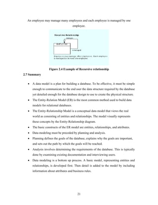 An employee may manage many employees and each employee is managed by one
employee.
Figure 2.4 Example of Recursive relationship
2.7 Summary
• A data model is a plan for building a database. To be effective, it must be simple
enough to communicate to the end user the data structure required by the database
yet detailed enough for the database design to use to create the physical structure.
• The Entity-Relation Model (ER) is the most common method used to build data
models for relational databases.
• The Entity-Relationship Model is a conceptual data model that views the real
world as consisting of entities and relationships. The model visually represents
these concepts by the Entity-Relationship diagram.
• The basic constructs of the ER model are entities, relationships, and attributes.
• Data modeling must be preceded by planning and analysis.
• Planning defines the goals of the database, explains why the goals are important,
and sets out the path by which the goals will be reached.
• Analysis involves determining the requirements of the database. This is typically
done by examining existing documentation and interviewing users.
• Data modeling is a bottom up process. A basic model, representing entities and
relationships, is developed first. Then detail is added to the model by including
information about attributes and business rules.
21
 