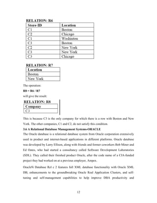 The operation:
R8 = R6 / R7
will give the result:
This is because C3 is the only company for which there is a row with Boston and New
York. The other companies, C1 and C2, do not satisfy this condition.
3.6 A Relational Database Management Systems-ORACLE
The Oracle database is a relational database system from Oracle corporation extensively
used in product and internet-based applications in different platforms. Oracle database
was developed by Larry Ellison, along with friends and former coworkers Bob Miner and
Ed Oates, who had started a consultancy called Software Development Laboratories
(SDL). They called their finished product Oracle, after the code name of a CIA-funded
project they had worked on at a previous employer, Ampex.
Oracle9i Database Rel c 2 features full XML database functionality with Oracle XML
DB, enhancements to the groundbreaking Oracle Real Application Clusters, and self-
tuning and self-management capabilities to help improve DBA productivity and
12
 