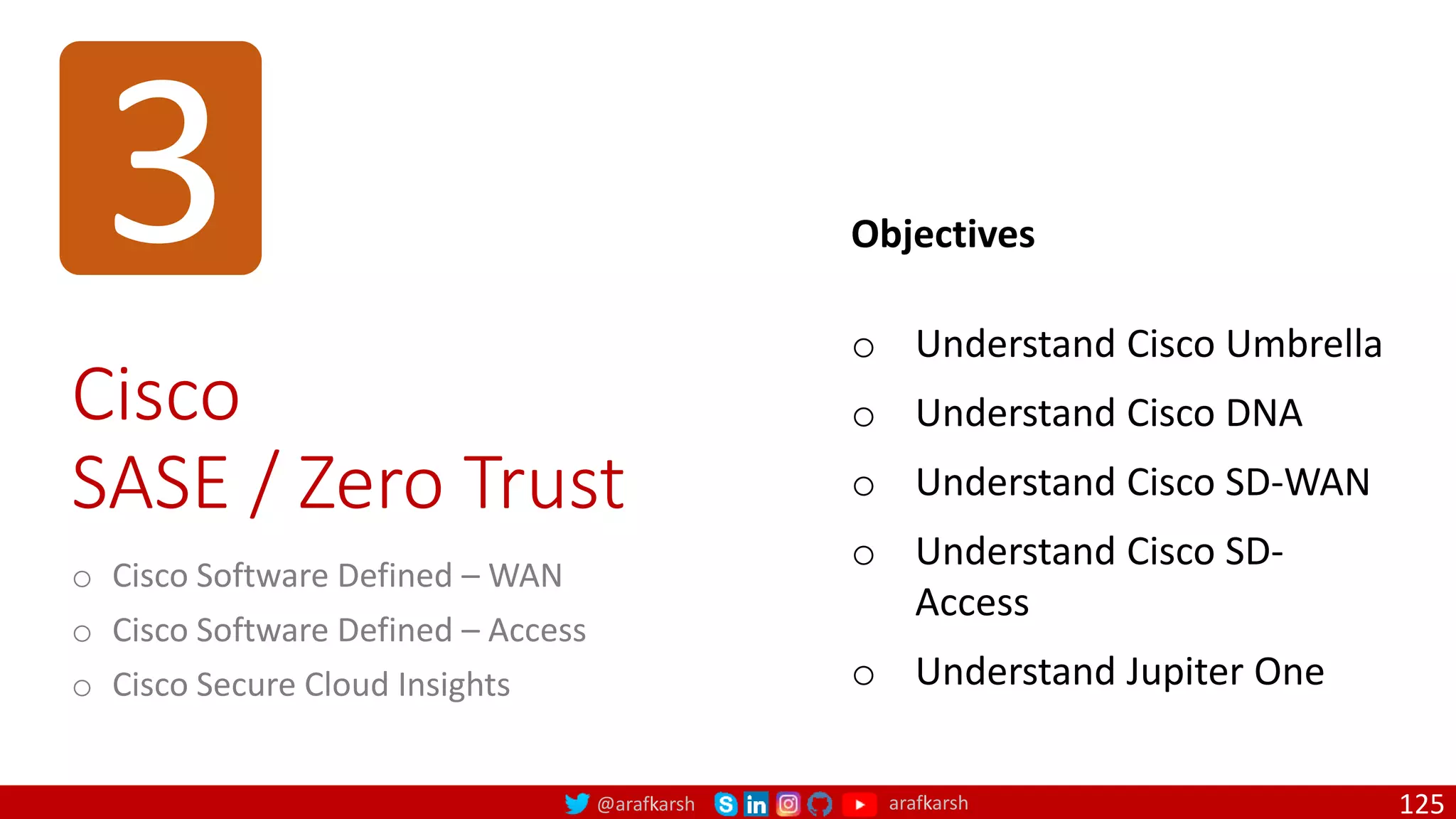 @arafkarsh arafkarsh
3
Cisco
SASE / Zero Trust
o Cisco Software Defined – WAN
o Cisco Software Defined – Access
o Cisco Secure Cloud Insights
125
o Understand Cisco Umbrella
o Understand Cisco DNA
o Understand Cisco SD-WAN
o Understand Cisco SD-
Access
o Understand Jupiter One
Objectives
 