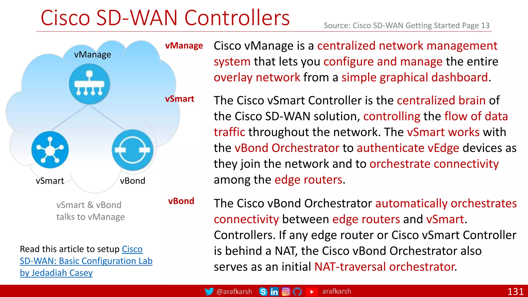 @arafkarsh arafkarsh
Cisco SD-WAN Controllers
131
vSmart
vManage
vBond
vManage Cisco vManage is a centralized network management
system that lets you configure and manage the entire
overlay network from a simple graphical dashboard.
vSmart & vBond
talks to vManage
vSmart The Cisco vSmart Controller is the centralized brain of
the Cisco SD-WAN solution, controlling the flow of data
traffic throughout the network. The vSmart works with
the vBond Orchestrator to authenticate vEdge devices as
they join the network and to orchestrate connectivity
among the edge routers.
Read this article to setup Cisco
SD-WAN: Basic Configuration Lab
by Jedadiah Casey
Source: Cisco SD-WAN Getting Started Page 13
vBond The Cisco vBond Orchestrator automatically orchestrates
connectivity between edge routers and vSmart.
Controllers. If any edge router or Cisco vSmart Controller
is behind a NAT, the Cisco vBond Orchestrator also
serves as an initial NAT-traversal orchestrator.
 