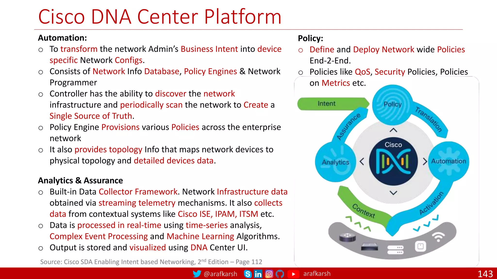 @arafkarsh arafkarsh
Cisco DNA Center Platform
143
Automation:
o To transform the network Admin’s Business Intent into device
specific Network Configs.
o Consists of Network Info Database, Policy Engines & Network
Programmer
o Controller has the ability to discover the network
infrastructure and periodically scan the network to Create a
Single Source of Truth.
o Policy Engine Provisions various Policies across the enterprise
network
o It also provides topology Info that maps network devices to
physical topology and detailed devices data.
Analytics & Assurance
o Built-in Data Collector Framework. Network Infrastructure data
obtained via streaming telemetry mechanisms. It also collects
data from contextual systems like Cisco ISE, IPAM, ITSM etc.
o Data is processed in real-time using time-series analysis,
Complex Event Processing and Machine Learning Algorithms.
o Output is stored and visualized using DNA Center UI.
Source: Cisco SDA Enabling Intent based Networking, 2nd Edition – Page 112
Policy:
o Define and Deploy Network wide Policies
End-2-End.
o Policies like QoS, Security Policies, Policies
on Metrics etc.
 