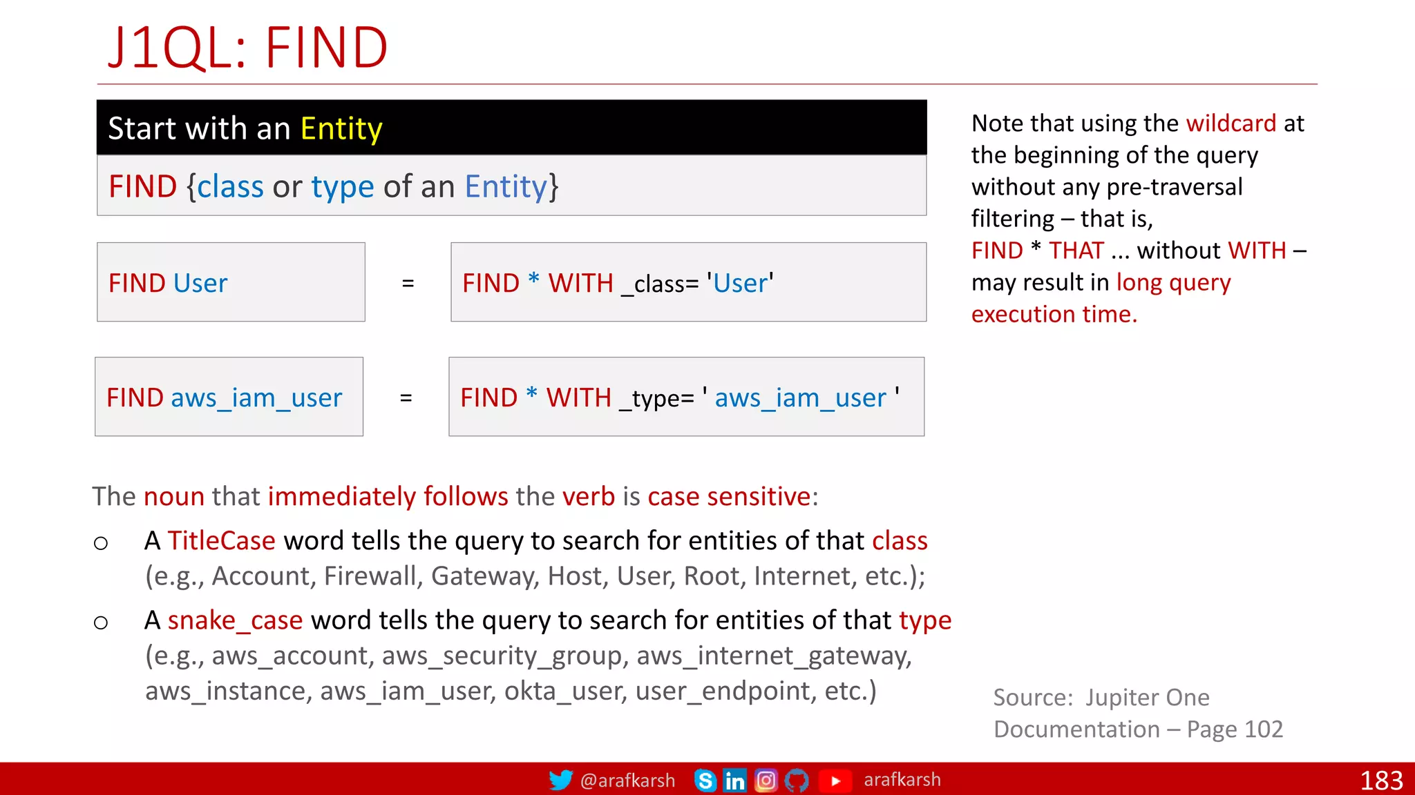 @arafkarsh arafkarsh
J1QL: FIND
183
FIND {class or type of an Entity}
Start with an Entity
FIND User FIND * WITH _class= 'User'
=
FIND aws_iam_user FIND * WITH _type= ' aws_iam_user '
=
The noun that immediately follows the verb is case sensitive:
o A TitleCase word tells the query to search for entities of that class
(e.g., Account, Firewall, Gateway, Host, User, Root, Internet, etc.);
o A snake_case word tells the query to search for entities of that type
(e.g., aws_account, aws_security_group, aws_internet_gateway,
aws_instance, aws_iam_user, okta_user, user_endpoint, etc.)
Note that using the wildcard at
the beginning of the query
without any pre-traversal
filtering – that is,
FIND * THAT ... without WITH –
may result in long query
execution time.
Source: Jupiter One
Documentation – Page 102
 