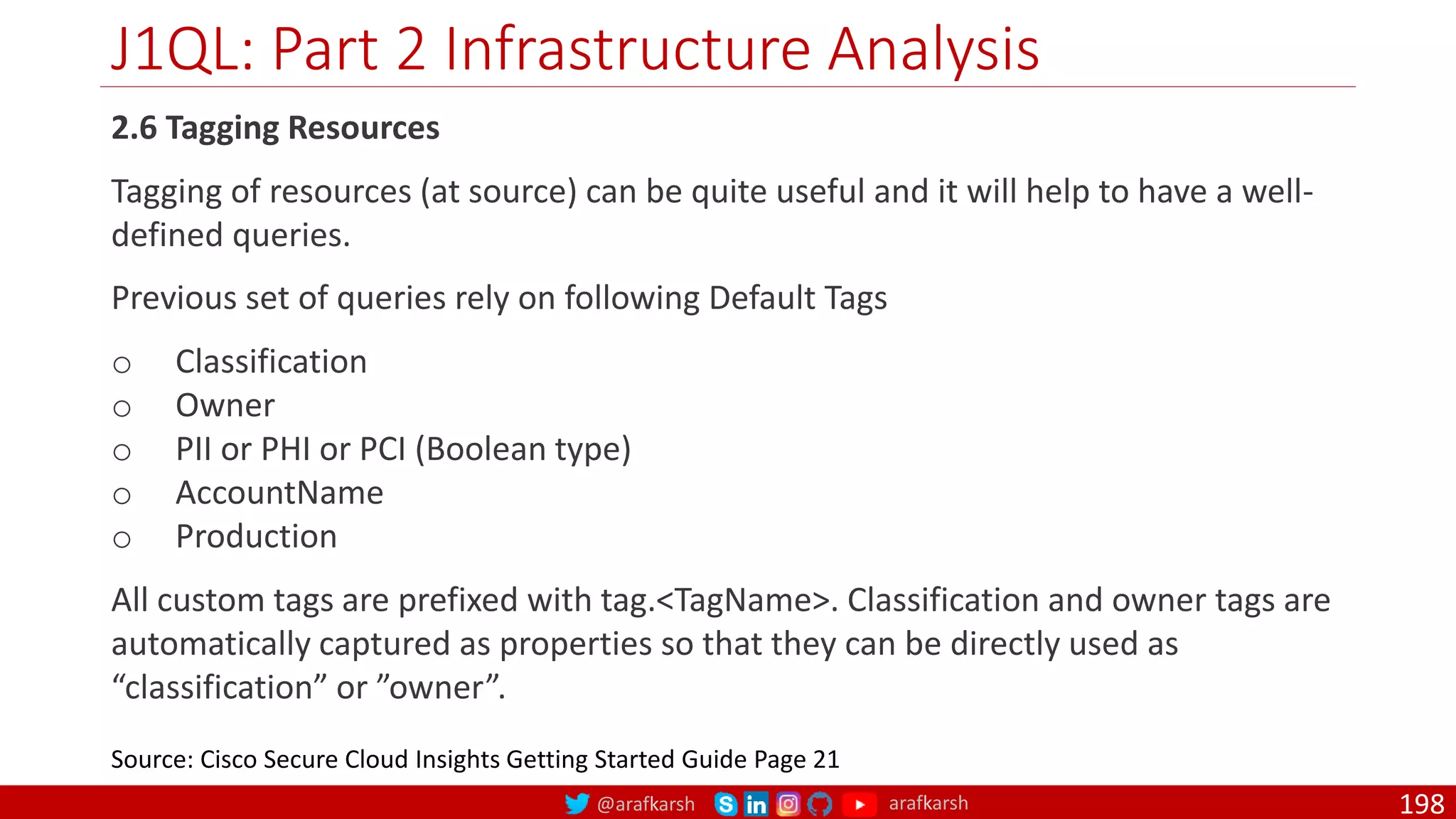 @arafkarsh arafkarsh
J1QL: Part 2 Infrastructure Analysis
198
2.6 Tagging Resources
Tagging of resources (at source) can be quite useful and it will help to have a well-
defined queries.
Previous set of queries rely on following Default Tags
o Classification
o Owner
o PII or PHI or PCI (Boolean type)
o AccountName
o Production
All custom tags are prefixed with tag.<TagName>. Classification and owner tags are
automatically captured as properties so that they can be directly used as
“classification” or ”owner”.
Source: Cisco Secure Cloud Insights Getting Started Guide Page 21
 