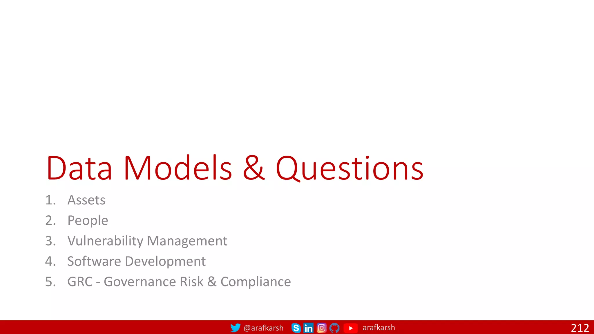 @arafkarsh arafkarsh
Data Models & Questions
1. Assets
2. People
3. Vulnerability Management
4. Software Development
5. GRC - Governance Risk & Compliance
212
 