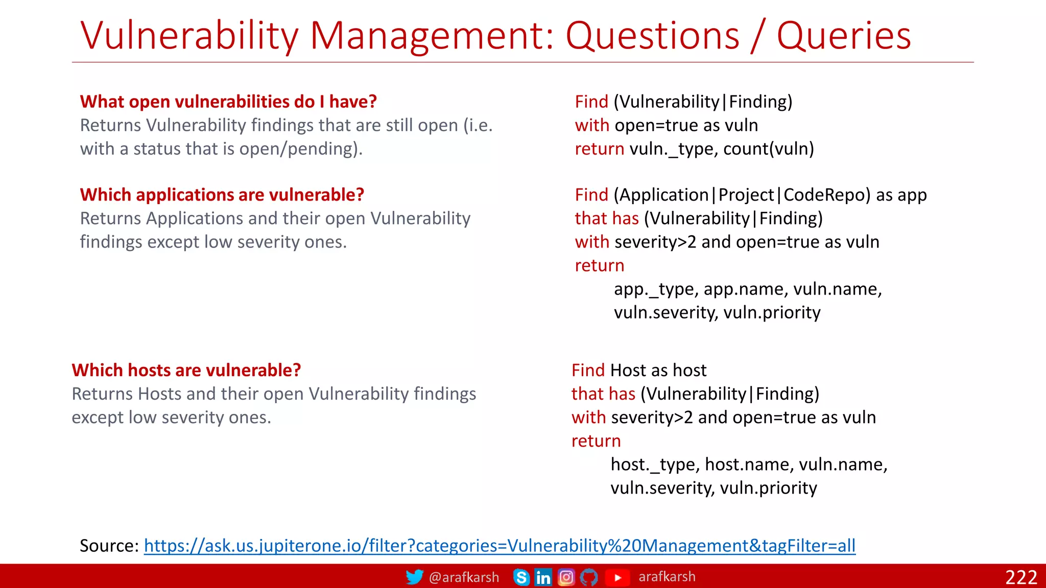 @arafkarsh arafkarsh
Vulnerability Management: Questions / Queries
222
What open vulnerabilities do I have?
Returns Vulnerability findings that are still open (i.e.
with a status that is open/pending).
Find (Vulnerability|Finding)
with open=true as vuln
return vuln._type, count(vuln)
Source: https://ask.us.jupiterone.io/filter?categories=Vulnerability%20Management&tagFilter=all
Which applications are vulnerable?
Returns Applications and their open Vulnerability
findings except low severity ones.
Find (Application|Project|CodeRepo) as app
that has (Vulnerability|Finding)
with severity>2 and open=true as vuln
return
app._type, app.name, vuln.name,
vuln.severity, vuln.priority
Which hosts are vulnerable?
Returns Hosts and their open Vulnerability findings
except low severity ones.
Find Host as host
that has (Vulnerability|Finding)
with severity>2 and open=true as vuln
return
host._type, host.name, vuln.name,
vuln.severity, vuln.priority
 