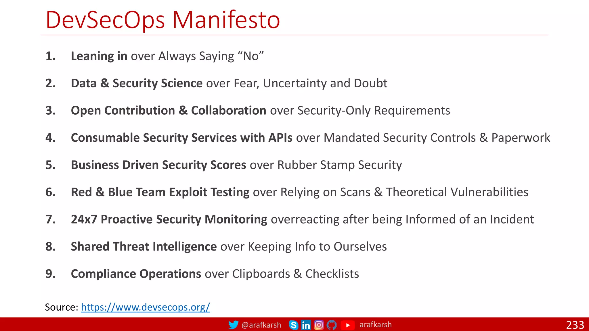 @arafkarsh arafkarsh
DevSecOps Manifesto
233
Source: https://www.devsecops.org/
1. Leaning in over Always Saying “No”
2. Data & Security Science over Fear, Uncertainty and Doubt
3. Open Contribution & Collaboration over Security-Only Requirements
4. Consumable Security Services with APIs over Mandated Security Controls & Paperwork
5. Business Driven Security Scores over Rubber Stamp Security
6. Red & Blue Team Exploit Testing over Relying on Scans & Theoretical Vulnerabilities
7. 24x7 Proactive Security Monitoring overreacting after being Informed of an Incident
8. Shared Threat Intelligence over Keeping Info to Ourselves
9. Compliance Operations over Clipboards & Checklists
 